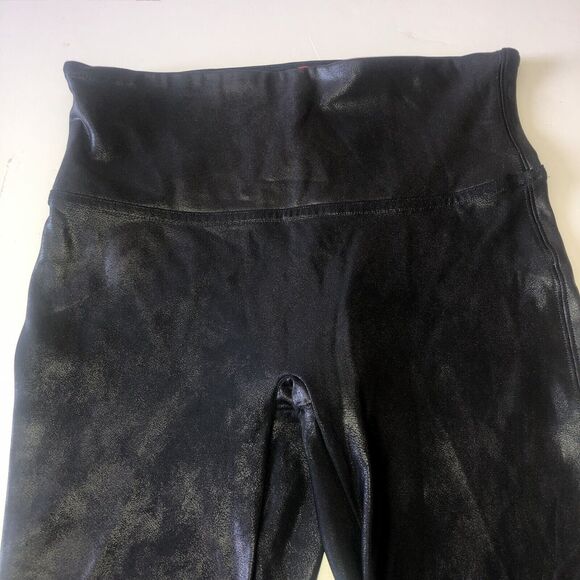 Spanx Leggings Black Faux Leather Metallic Stretch Pants Skinny Medium Petite - Picture 9 of 14